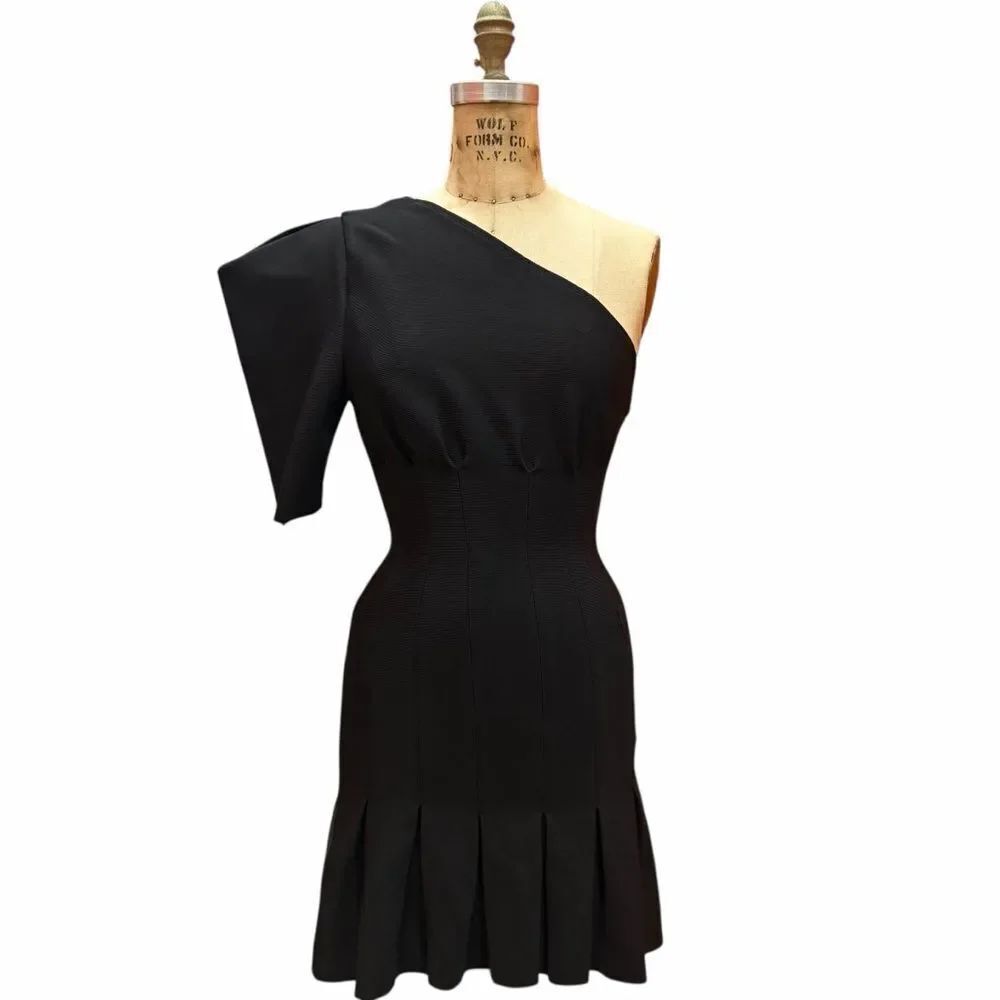 MISHA Collection Black One-Shoulder Puff Sleeve Dress Size M